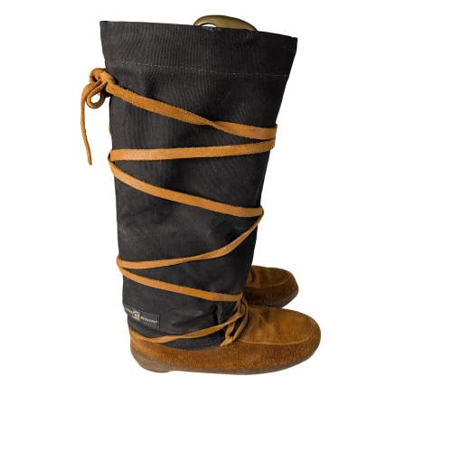 Steger Mukluks Mens Black Canvas Moosehide Suede Tall Winter Boots Wrap Laces