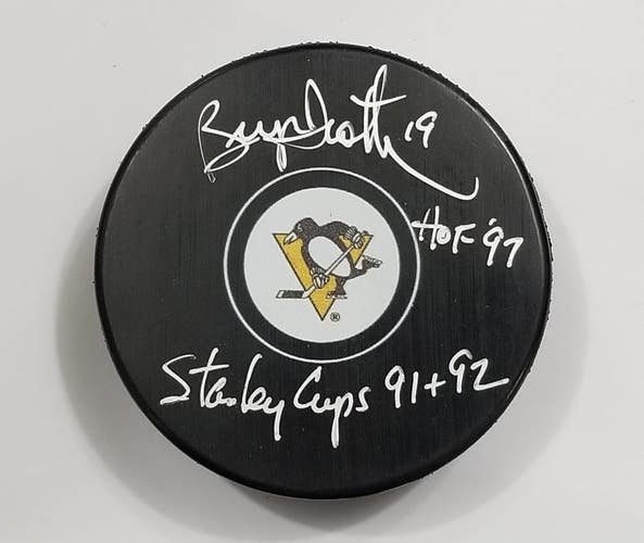 BRYAN TROTTIER Autographed Pittsburgh Penguins Hockey Puck Stanley Cups 91+92