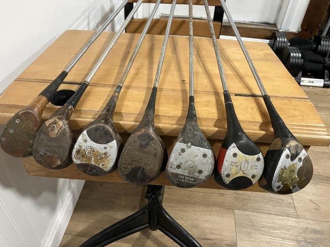 Vintage lot of 7 Persimmon Driver & Woods golf clubs, Right Handed