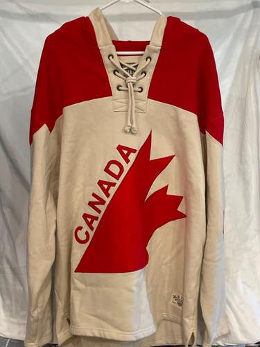 Old Time Hockey Team Canada Lace-Up Hoodie Cream Red Maple Leaf Men's XL