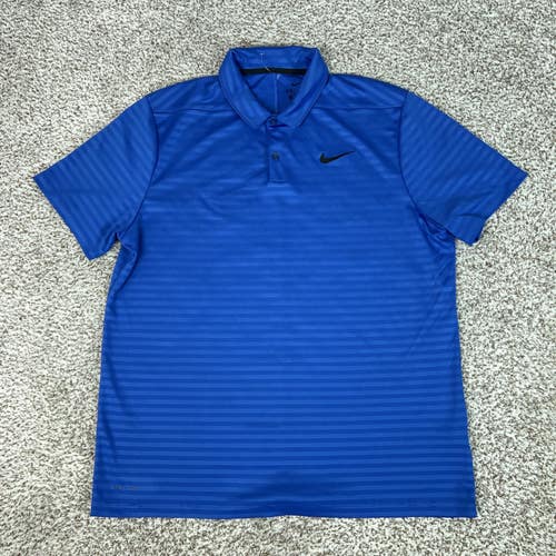 Nike Polo Shirt Mens Large Blue Striped Dri FIT Golf Performance Athletic Sport