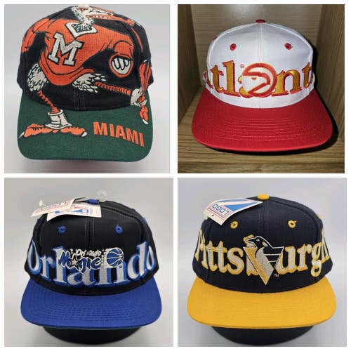 Vintage 4 Hat Bundle Miami Hurricanes Big Logo, Penguins, Atlanta Hawks, Magic