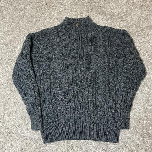 Woolovers Wool Fisherman 1/4 Zip Sweater Womens L Heavy Cable Knit Blue