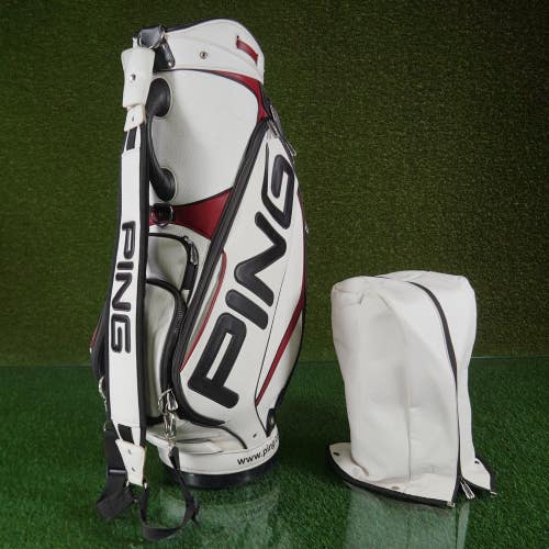 PING Staff Golf Bag White/Black/Burgundy 9.5 Top, 6 Way Divider + Rain Hood!