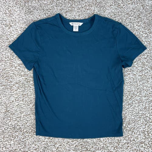 Athleta Shirt Womens Small Teal Blue Ribbed Short Sleeve Tee Basic Yoga Gym T
