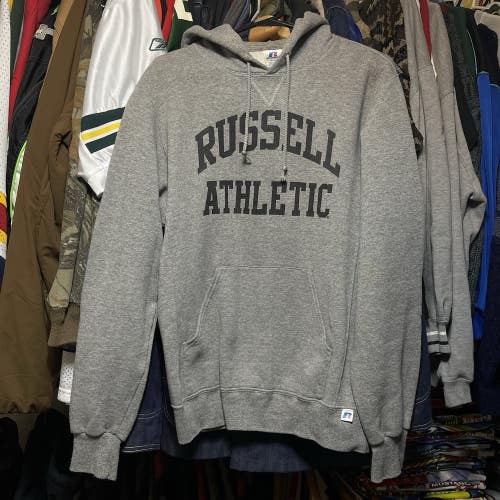 Y2K Russell Athletic Spell Out Hoodie Sweatshirt Mens Medium Gray Black Pullover