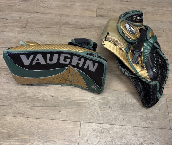 Vaughn Velocity 7000 Goalie Glove & Blocker Set Gold Green Black