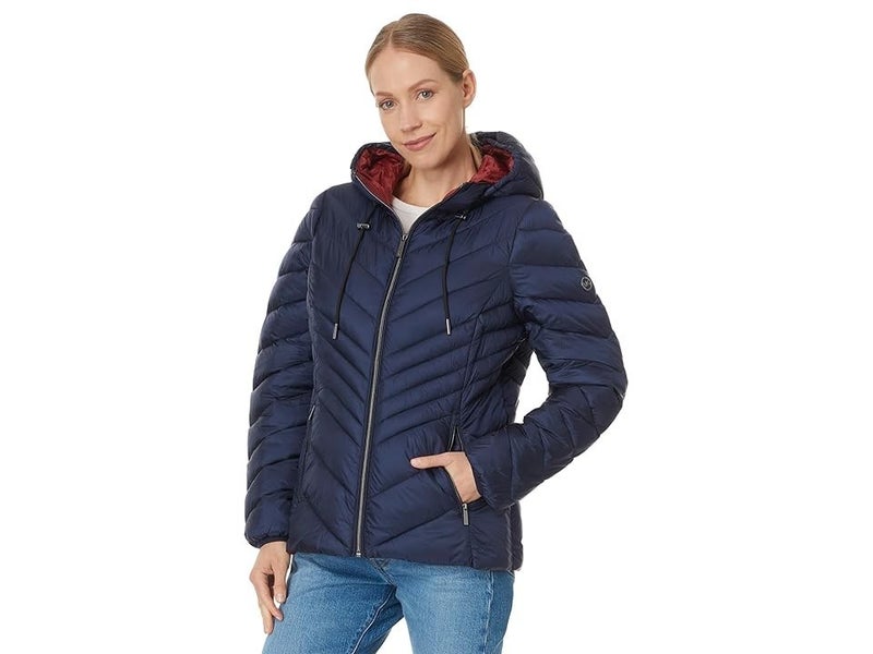 Michael Kors Coat Womens Medium Midnight Blue Front Zip Chevron Packable BUU669