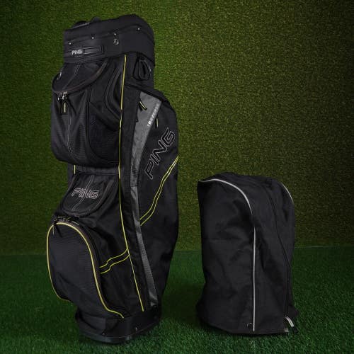 PING Traverse Compact Cart Golf Bag Black/Green/Gray 14-Way + Rain Hood ~ NICE!!